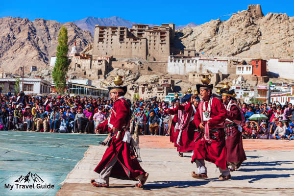 A vibrant Indian cultural festival with traditional dancers and colorful decorations.